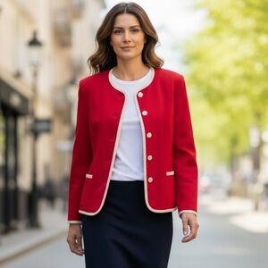 Vintage Talbots Classic Red Suit Jacket with White Trimmings Size 14P